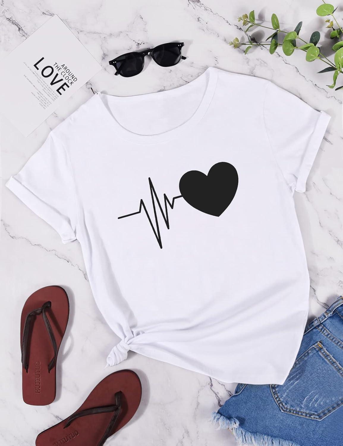 image:imageTuopuda Tee Shirt Femme t TShirt Manches Courtes Top Coton Col Rond Graphic Hauts Dcontract Blouse Idal Cadeau pour Anniversaire StValentin etcBlanc