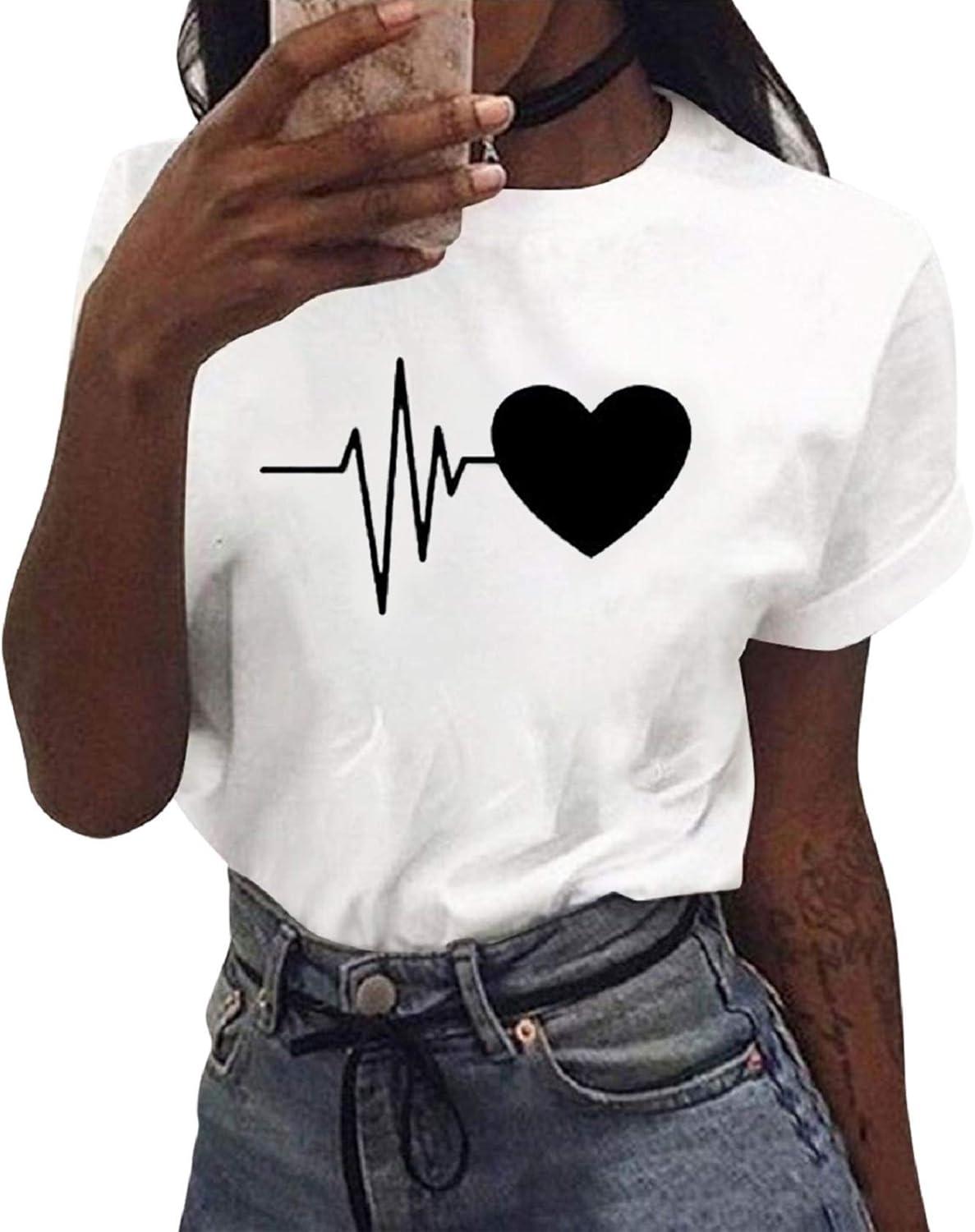 image:imageTuopuda Tee Shirt Femme t TShirt Manches Courtes Top Coton Col Rond Graphic Hauts Dcontract Blouse Idal Cadeau pour Anniversaire StValentin etcBlanc