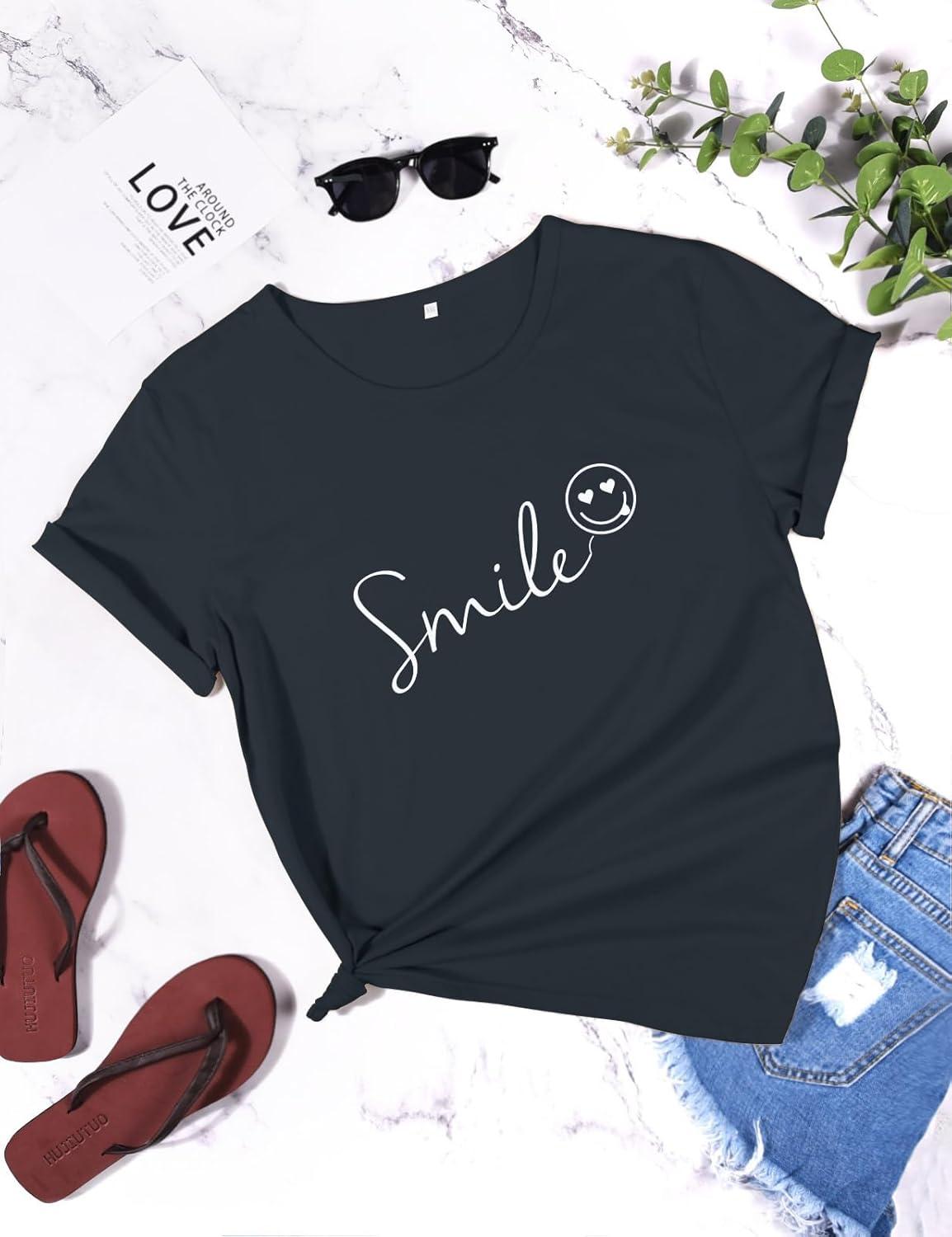 image:imageTuopuda Tee Shirt Femme t TShirt Manches Courtes Top Coton Col Rond Graphic Hauts Dcontract Blouse Idal Cadeau pour Anniversaire StValentin etcBleu Marine