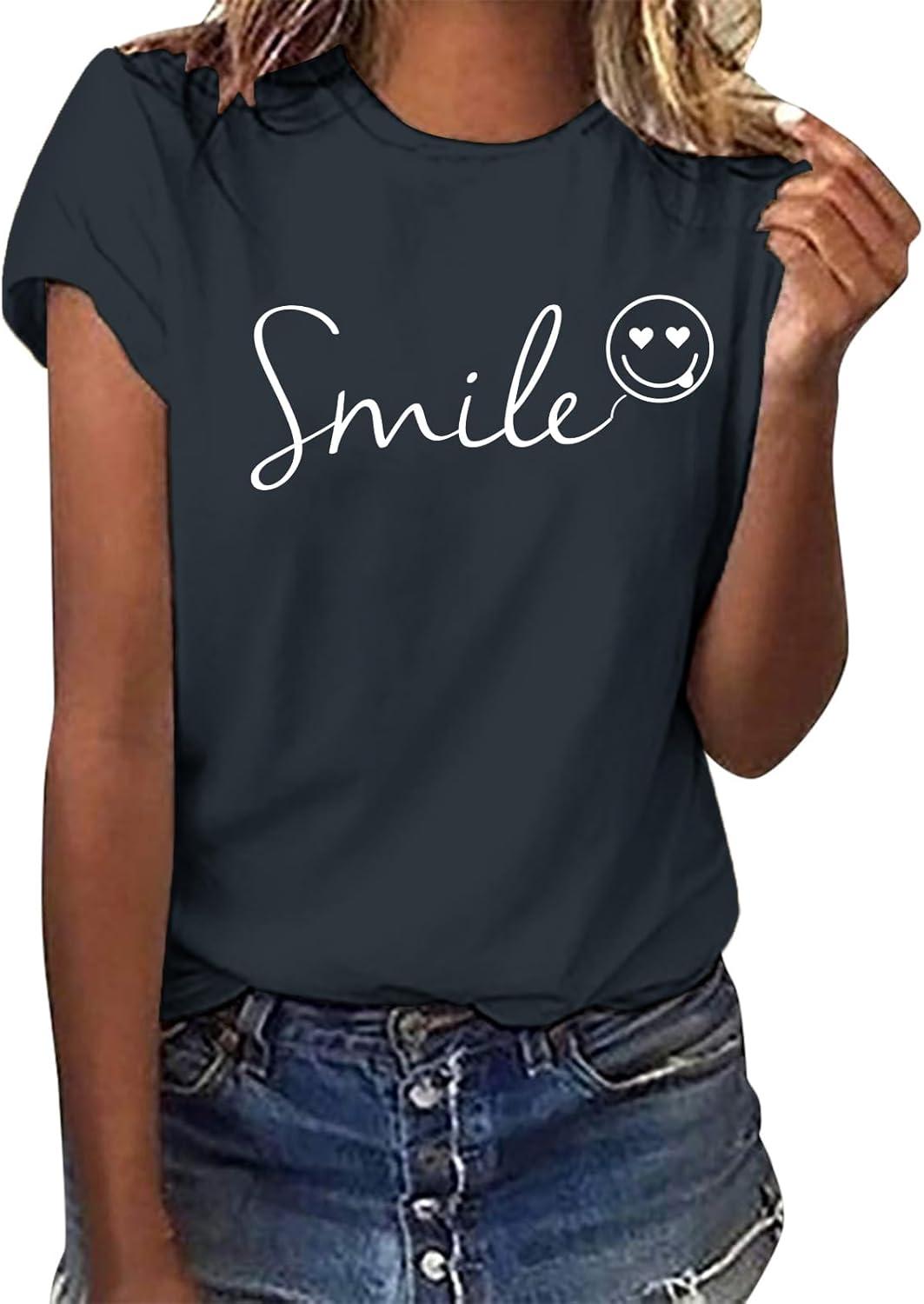 image:imageTuopuda Tee Shirt Femme t TShirt Manches Courtes Top Coton Col Rond Graphic Hauts Dcontract Blouse Idal Cadeau pour Anniversaire StValentin etcBleu Marine