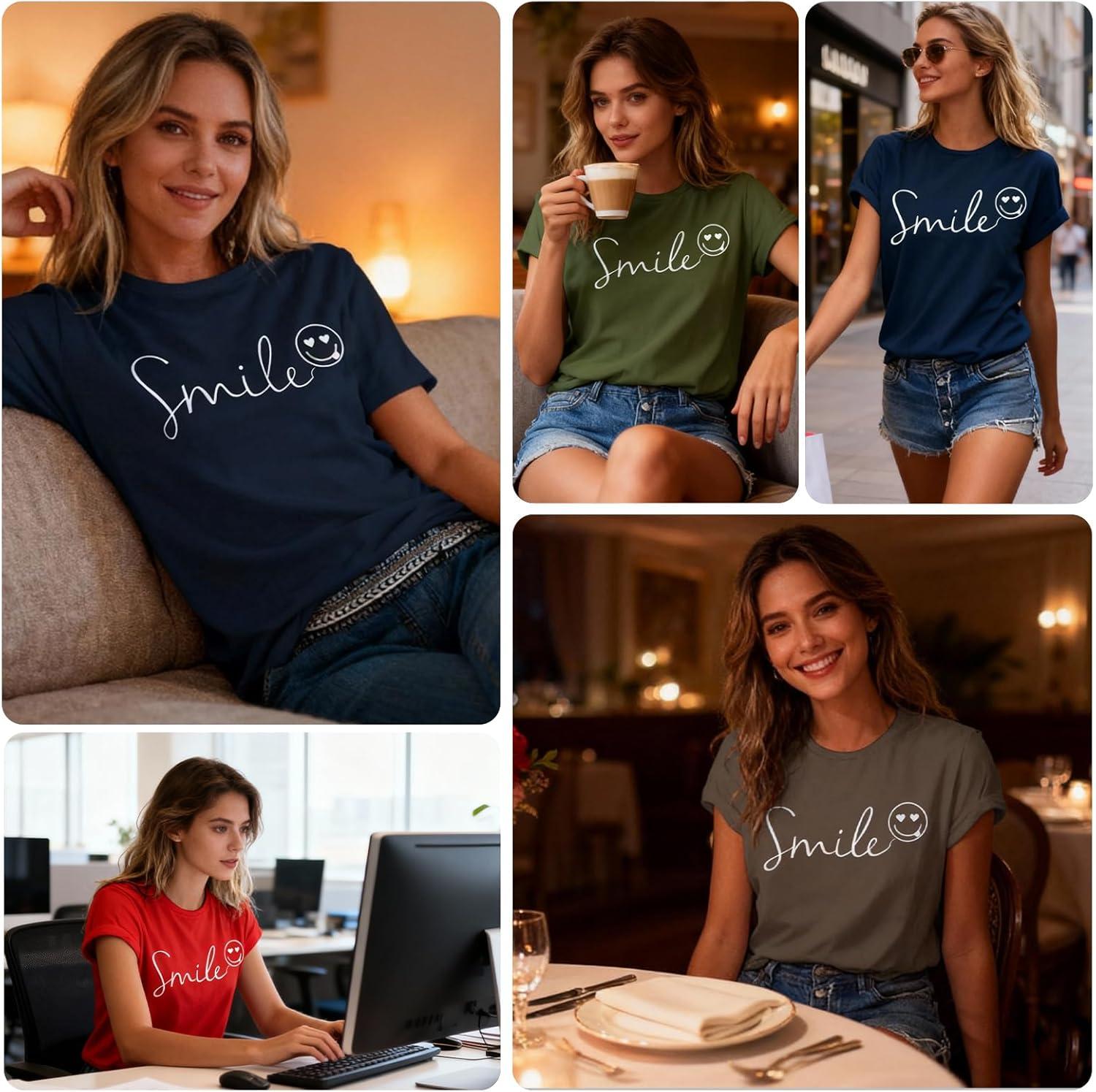 image:imageTuopuda Tee Shirt Femme t TShirt Manches Courtes Top Coton Col Rond Graphic Hauts Dcontract Blouse Idal Cadeau pour Anniversaire StValentin etcBleu Marine