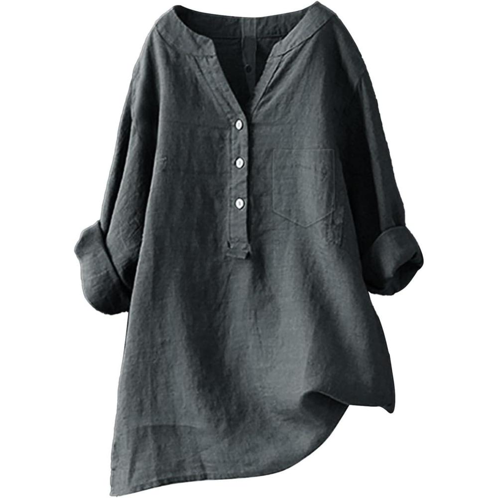 image:imageBouton Ample Petit Haut Support Couleur Unie Manches Moyennes col dcontract Chemise Femme Chemise Femme Body ChemiseGris Foncc