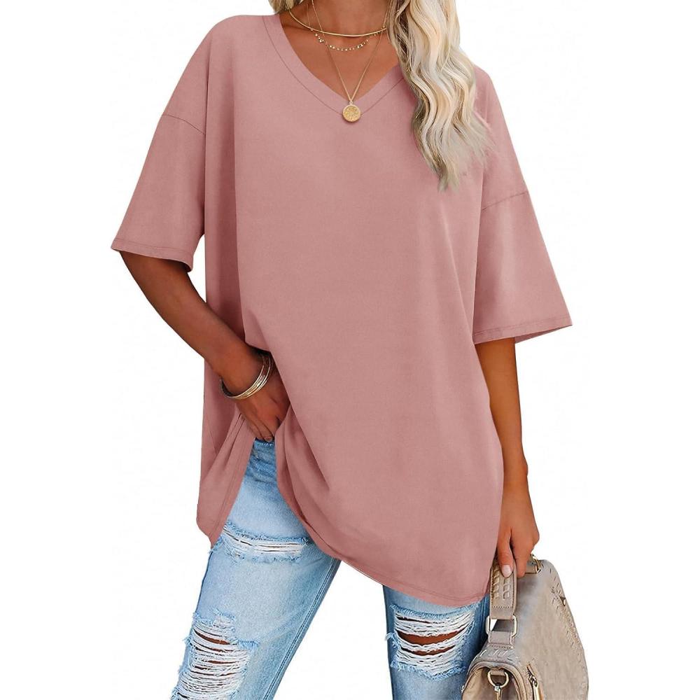 image:imageEbifin Tshirt surdimensionn pour femme avec col en V manches courtes dcontract basique pour ltRose 01