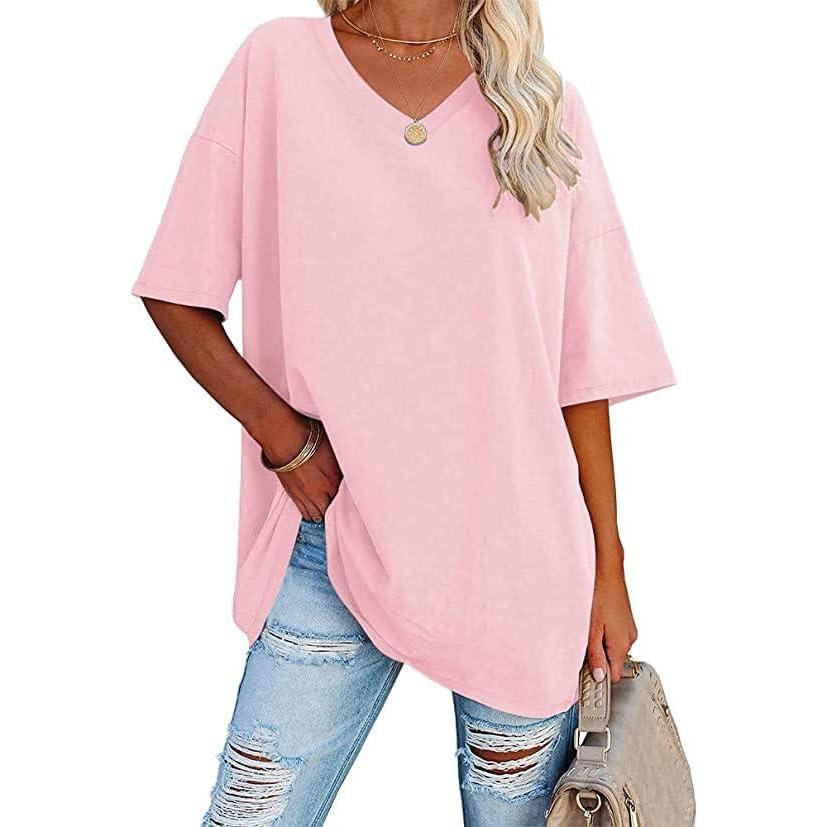 image:imageEbifin Tshirt surdimensionn pour femme avec col en V manches courtes dcontract basique pour ltRose