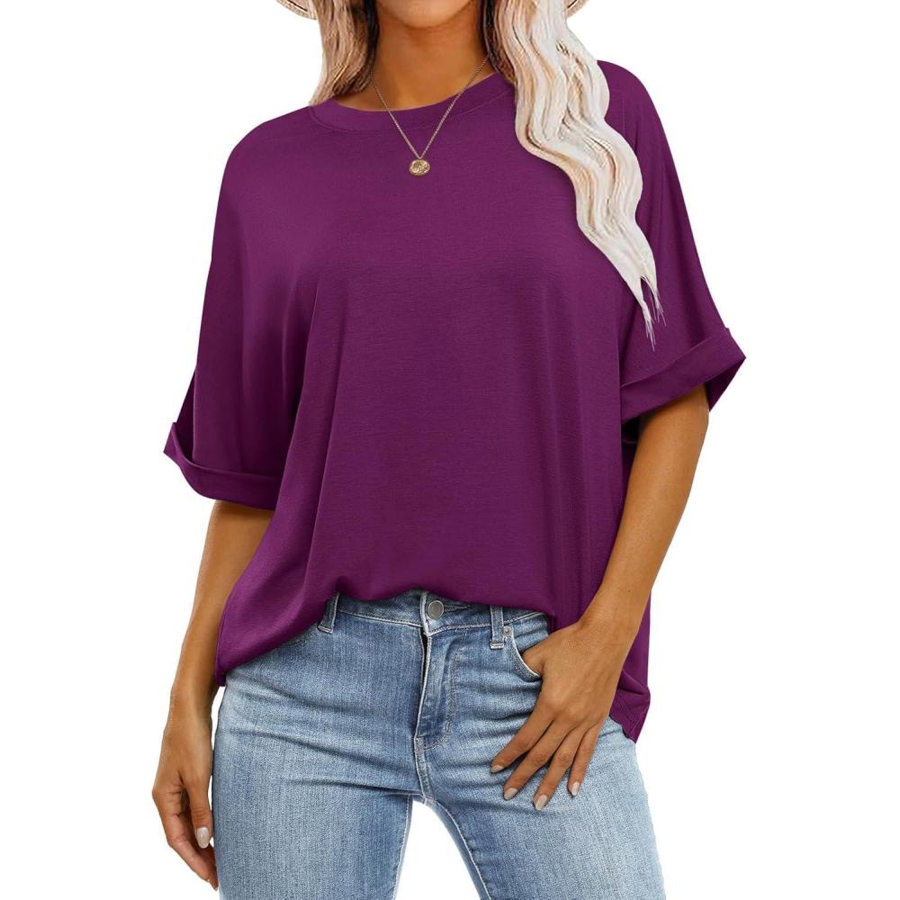 image:imageTee Shirt Femme Top Oversize Col Rond t Top Femme Chic et lgant Manche Courte BlouseViolet