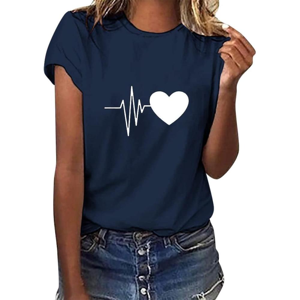 image:imageTuopuda Tee Shirt Femme t TShirt Manches Courtes Top Coton Col Rond Graphic Hauts Dcontract Blouse Idal Cadeau pour Anniversaire StValentin etcBleu