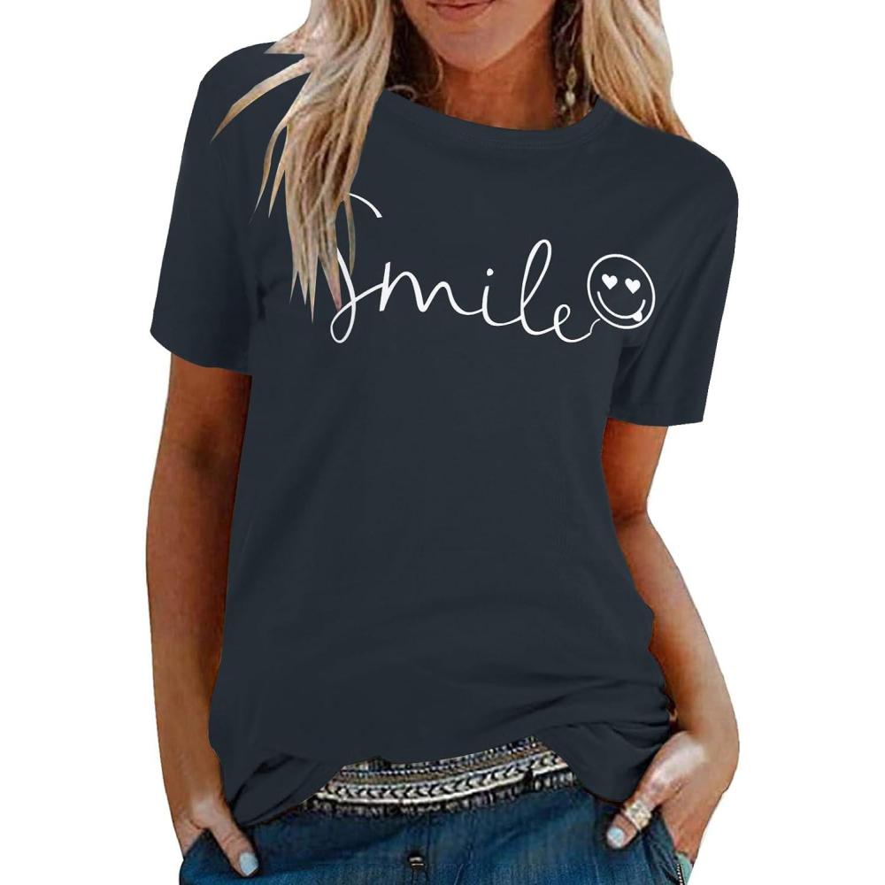 image:imageTuopuda Tee Shirt Femme t TShirt Manches Courtes Top Coton Col Rond Graphic Hauts Dcontract Blouse Idal Cadeau pour Anniversaire StValentin etcBleu Marine