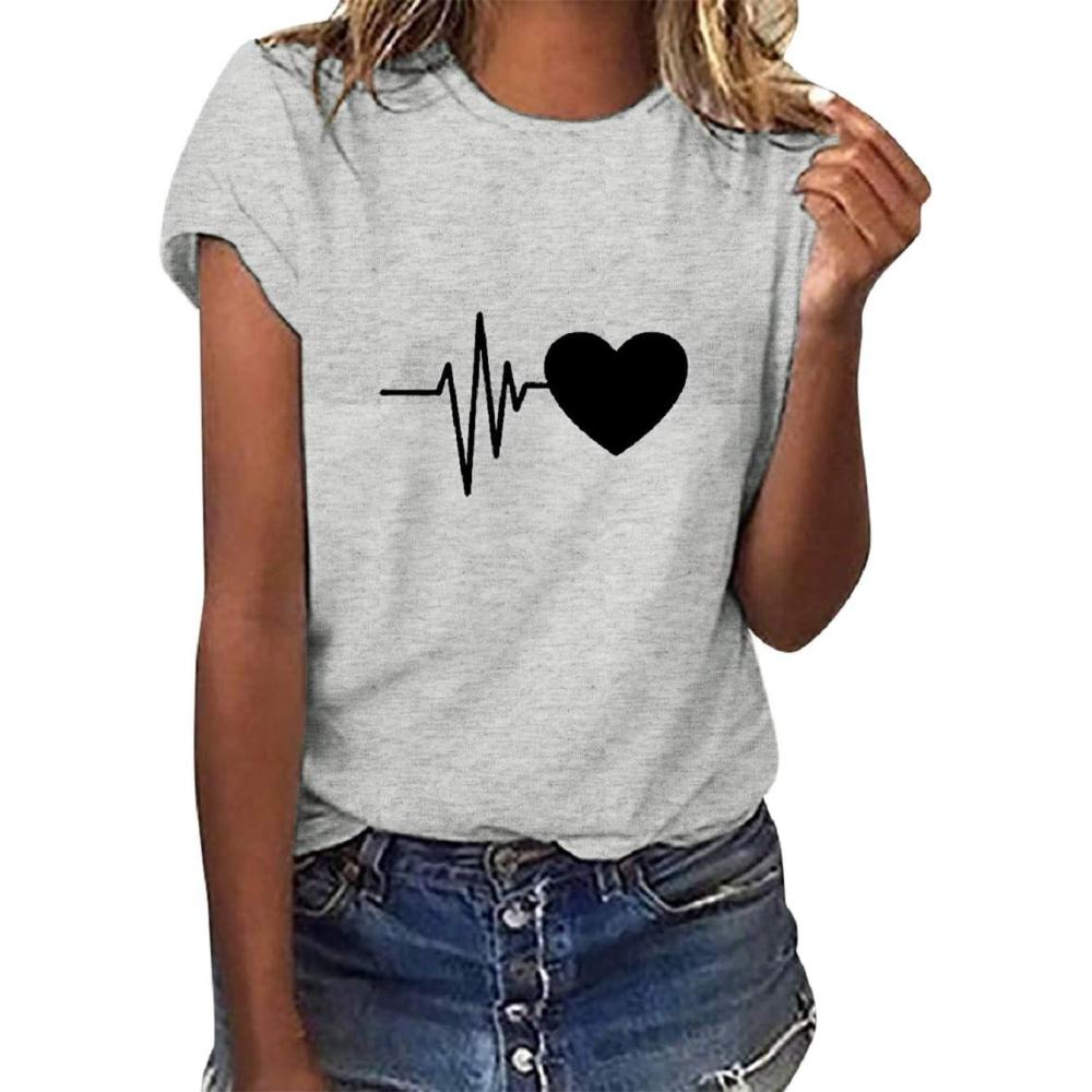 image:imageTuopuda Tee Shirt Femme t TShirt Manches Courtes Top Coton Col Rond Graphic Hauts Dcontract Blouse Idal Cadeau pour Anniversaire StValentin etcGris