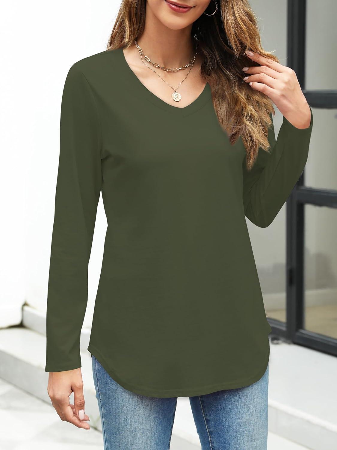 image:imageElesomo Tshirt long en coton pour femme manches longues et manches courtes col en VA Vert Arme