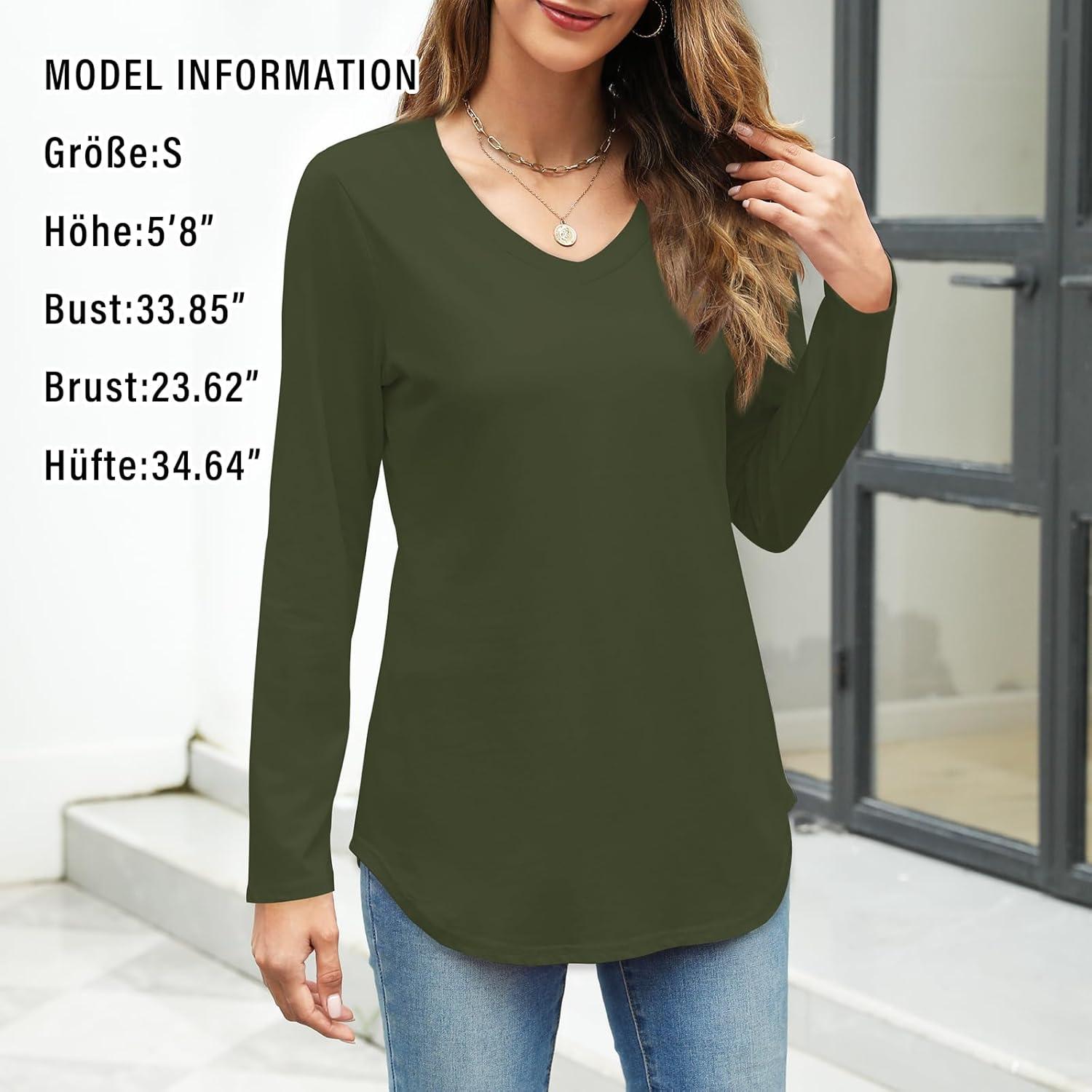 image:imageElesomo Tshirt long en coton pour femme manches longues et manches courtes col en VA Vert Arme