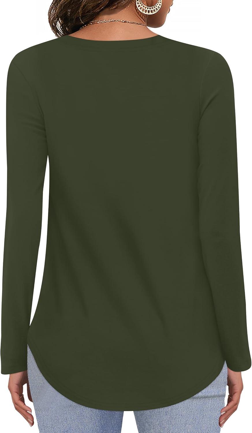 image:imageElesomo Tshirt long en coton pour femme manches longues et manches courtes col en VA Vert Arme