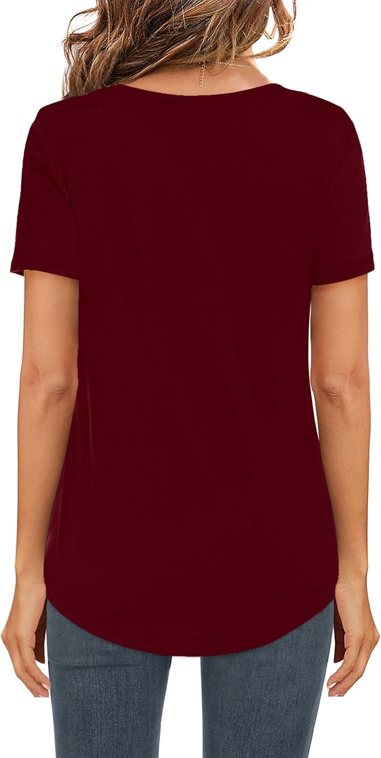 image:imageElesomo Tshirt long en coton pour femme manches longues et manches courtes col en VB Bordeaux