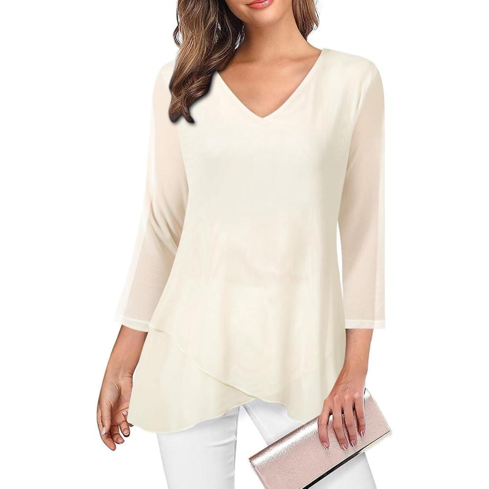 image:imageAdigaber Femme Blouse Dcontract Manches TroisQuarts Chemisier lgant col en V pour Top ModeChampagne