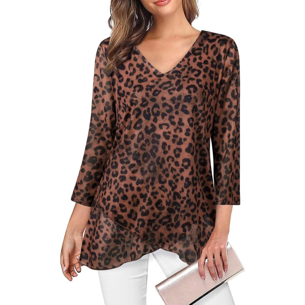image:imageAdigaber Femme Blouse Dcontract Manches TroisQuarts Chemisier lgant col en V pour Top ModeLopard
