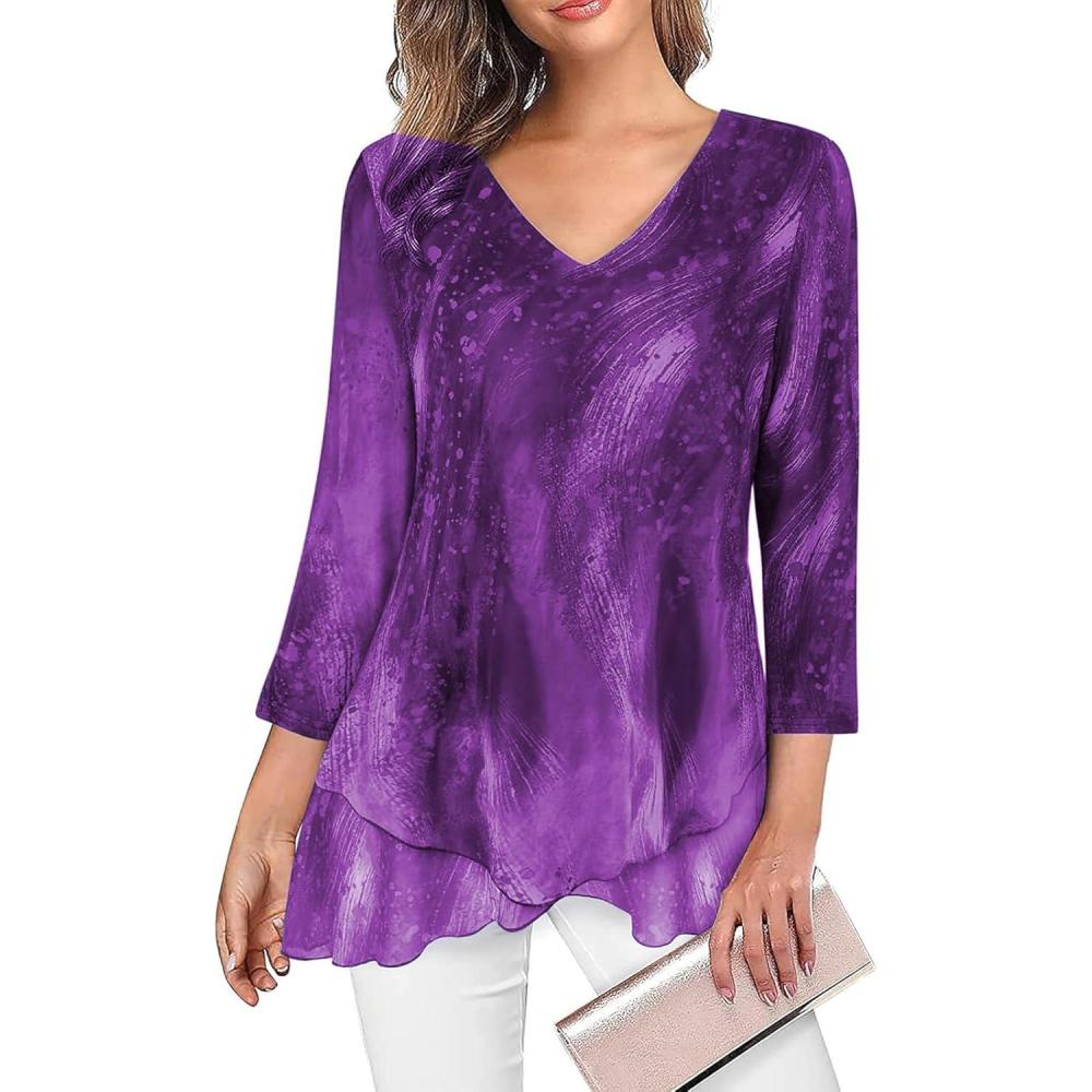 image:imageAdigaber Femme Blouse Dcontract Manches TroisQuarts Chemisier lgant col en V pour Top ModeViolet