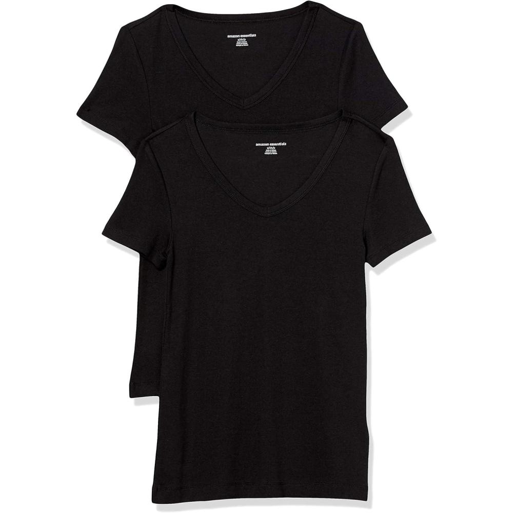 image:imageAmazon Essentials TShirt Col en v  Manches Courtes Coupe Ajuste Femme Lot de 2Noir