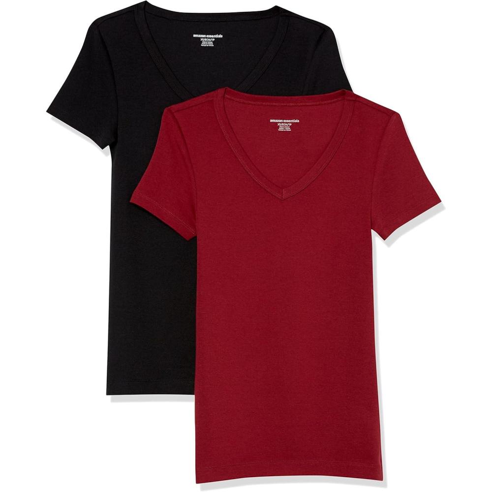 image:imageAmazon Essentials TShirt Col en v  Manches Courtes Coupe Ajuste Femme Lot de 2NoirBordeaux