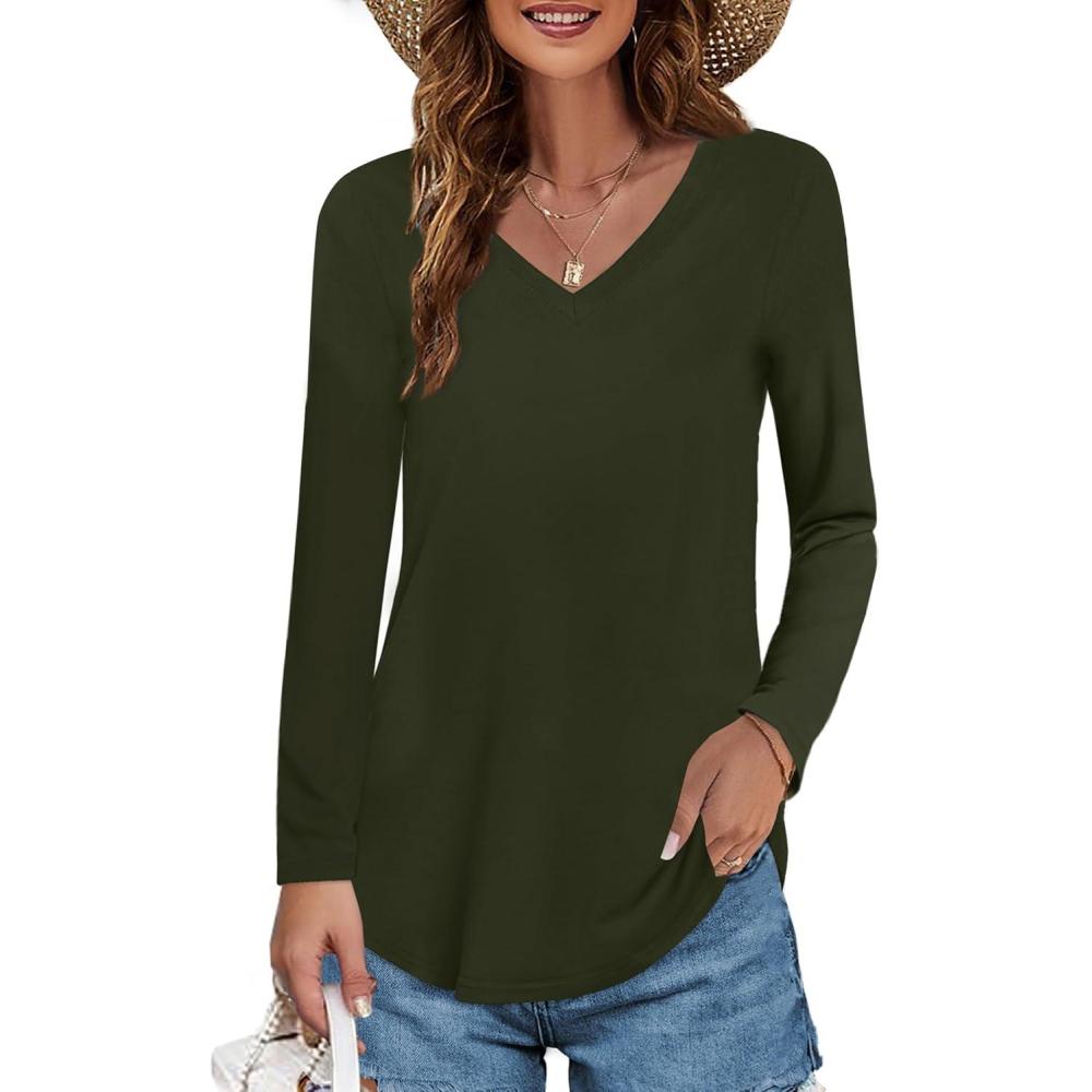image:imageElesomo Tshirt long en coton pour femme manches longues et manches courtes col en VA Vert Arme