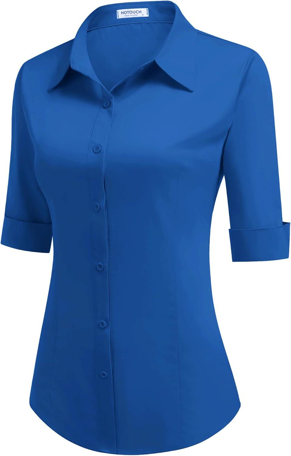 image:imageHotouch Chemisier Femme Coton Manches Courtes Chemise Classique Boutonne Shirt Tops Dcontract Col en V Blouse Solide lgant Chemise de Travail Business TopBleu Fonc