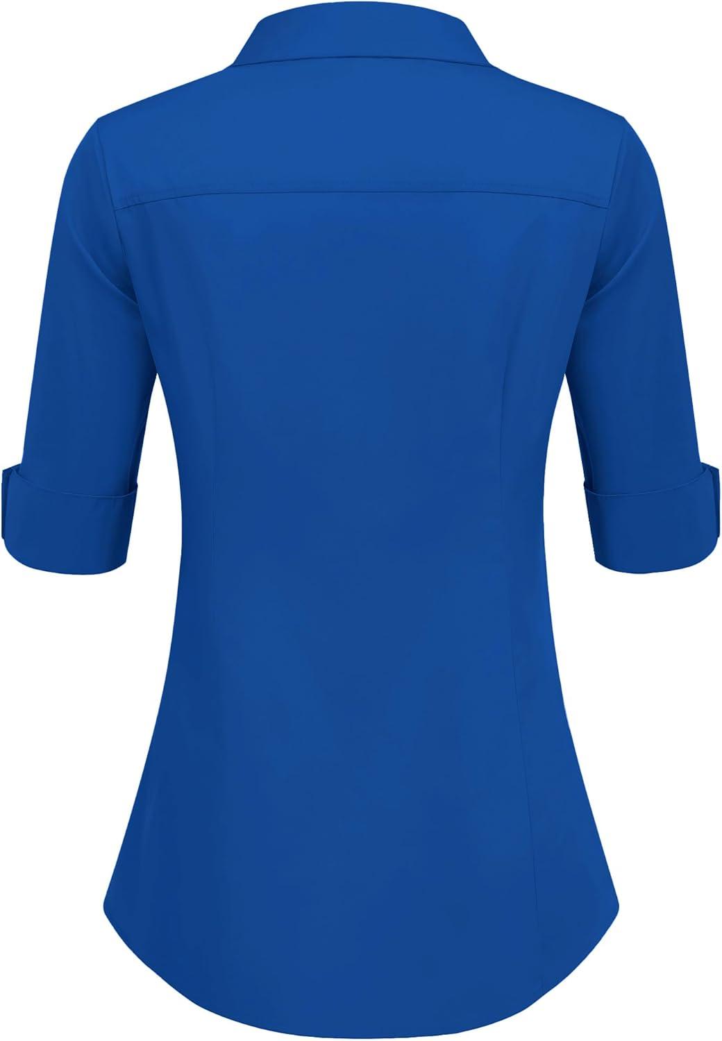 image:imageHotouch Chemisier Femme Coton Manches Courtes Chemise Classique Boutonne Shirt Tops Dcontract Col en V Blouse Solide lgant Chemise de Travail Business TopBleu Fonc