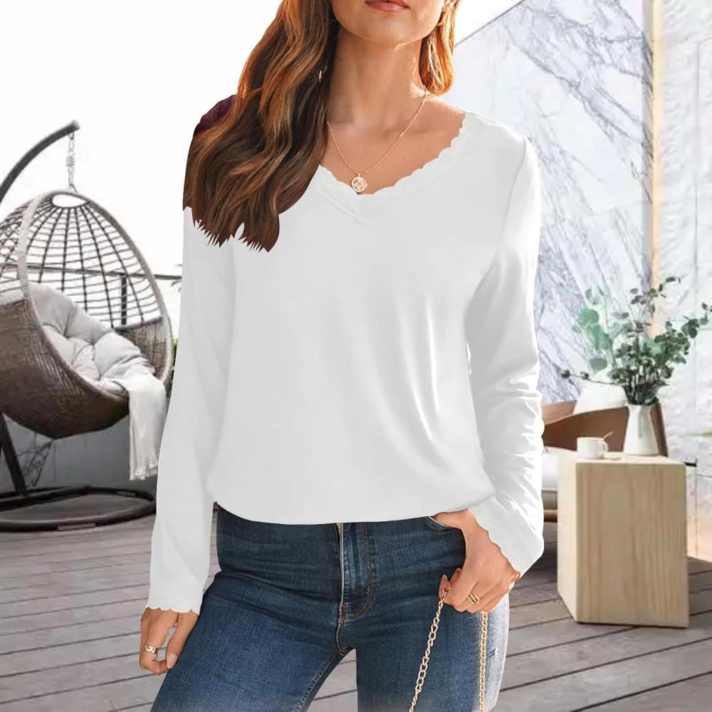 image:imageChemisier manches longues et col en V pour femme avec dtails en dentelle haut habill dcontract pour lautomne et lhiver joli tshirt basique extensibleBlanc