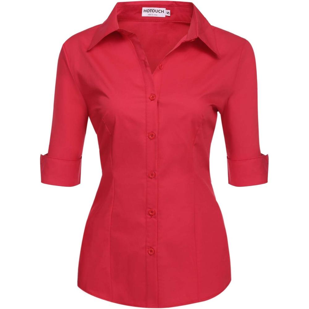 image:imageHotouch Chemisier Femme Coton Manches Courtes Chemise Classique Boutonne Shirt Tops Dcontract Col en V Blouse Solide lgant Chemise de Travail Business TopRouge