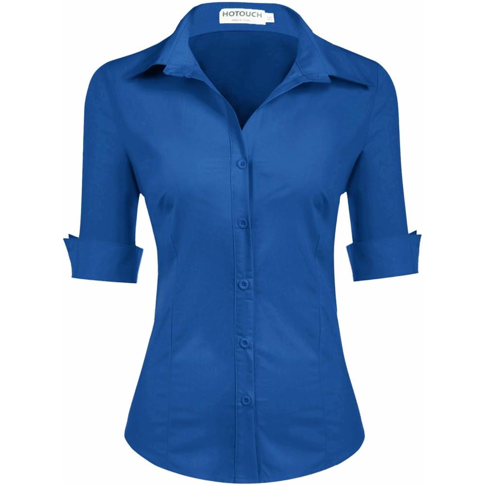 image:imageHotouch Chemisier Femme Coton Manches Courtes Chemise Classique Boutonne Shirt Tops Dcontract Col en V Blouse Solide lgant Chemise de Travail Business TopBleu Fonc