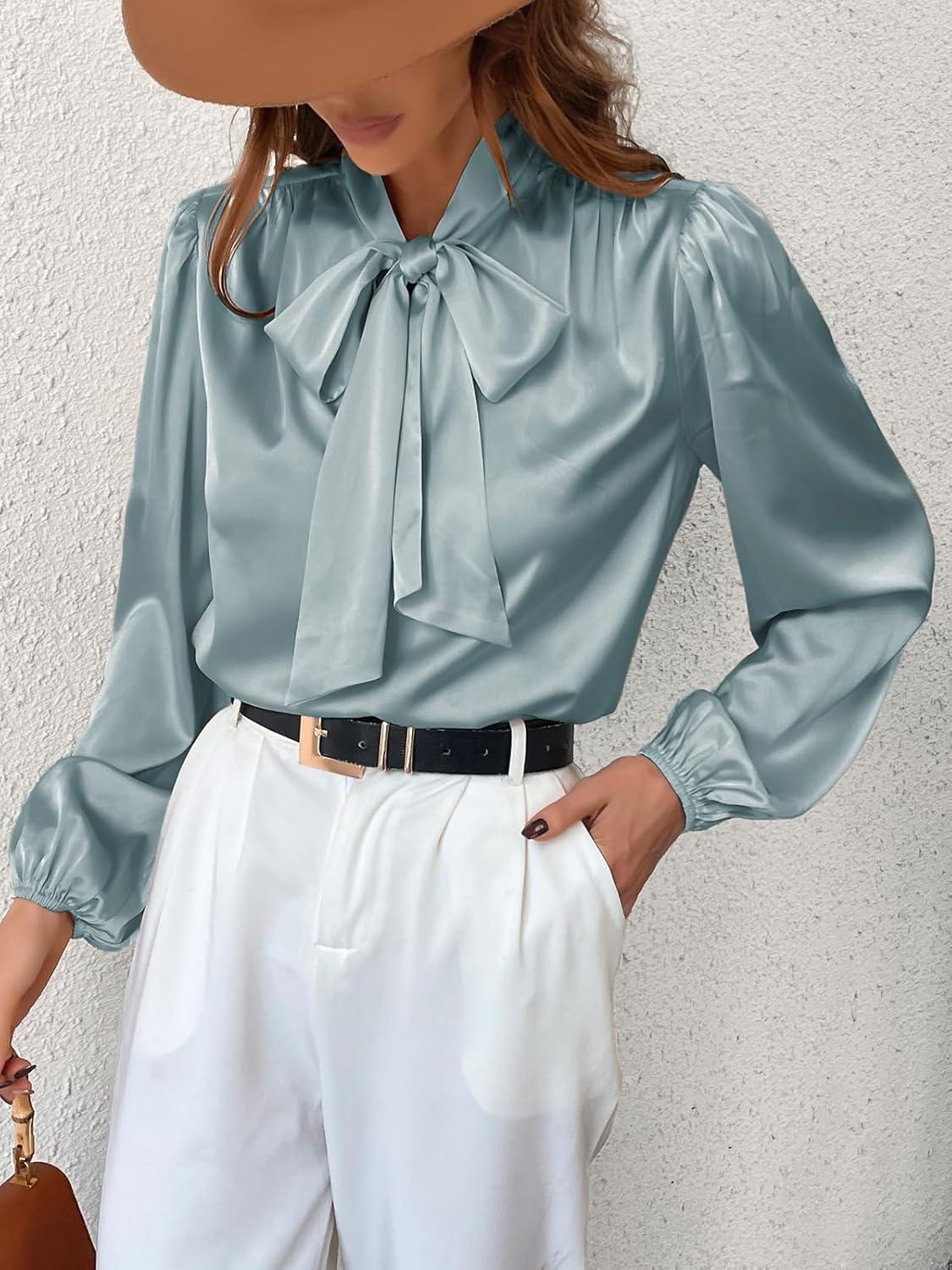 image:imageCUPSHE Chemise en satin brillant pour femme avec nud papillon manches longues et col haut pour le travail style dcontractVert Menthe