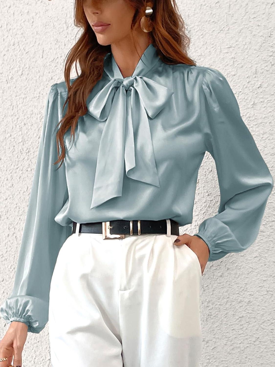 image:imageCUPSHE Chemise en satin brillant pour femme avec nud papillon manches longues et col haut pour le travail style dcontractVert Menthe
