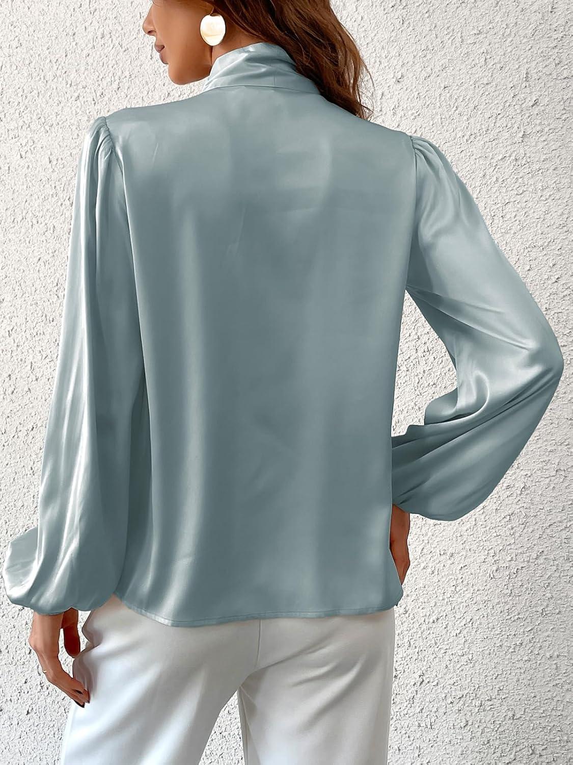 image:imageCUPSHE Chemise en satin brillant pour femme avec nud papillon manches longues et col haut pour le travail style dcontractVert Menthe