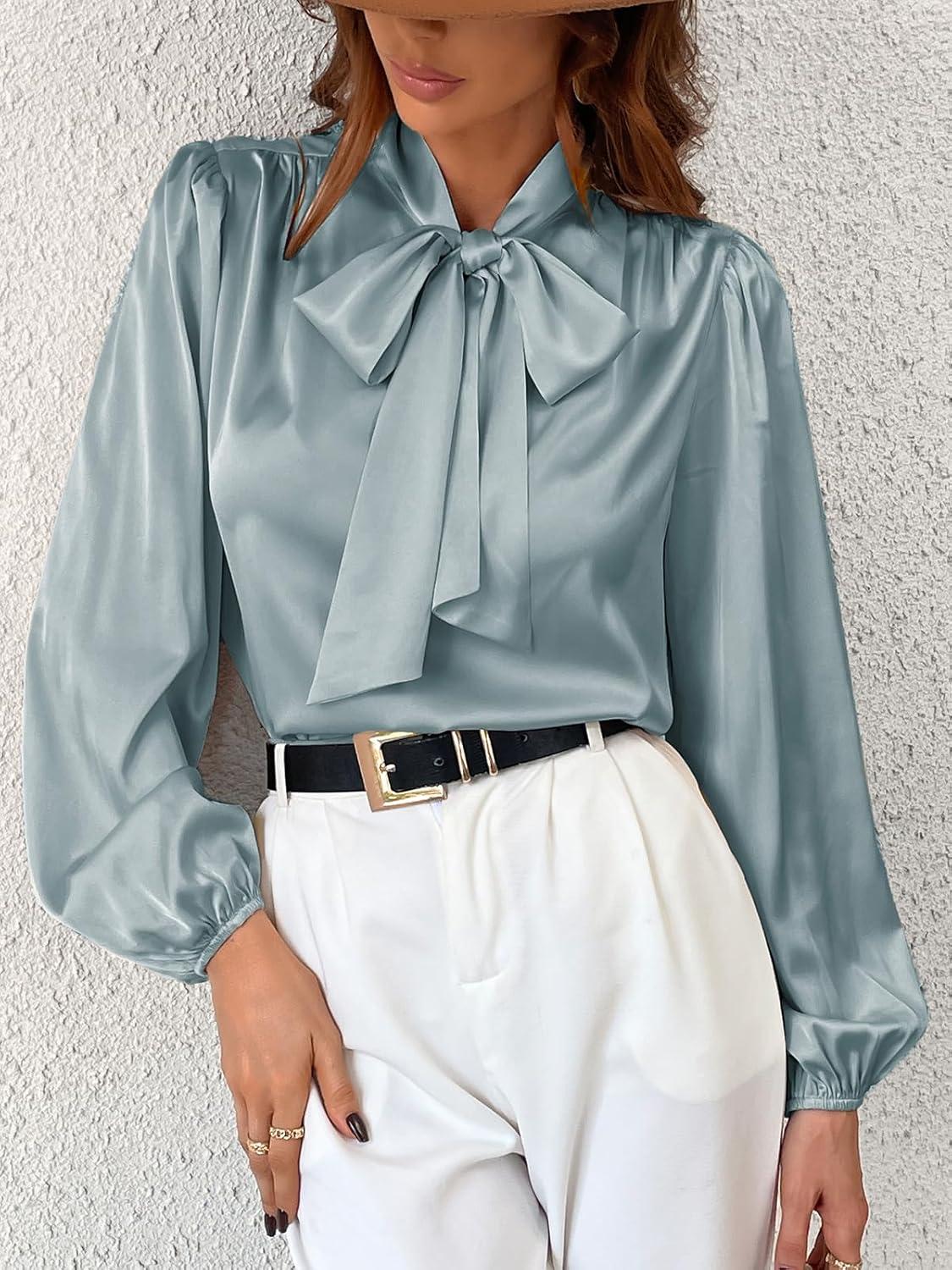 image:imageCUPSHE Chemise en satin brillant pour femme avec nud papillon manches longues et col haut pour le travail style dcontractVert Menthe
