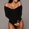 Body pour les femmes Cou À manches longues Body Suits Mesdames Hauts à côte tricotés qui sortent Slim fit Justaucorps de fortune occasionnel avec fermeture à bout clubs serrés noir/L
