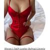 Femme Sexy en Cuir Mouillé Body Croisées Sans Manches Lingerie Latex Wetlook Bretelles Bodysuit avec Porte-jarretelles Réglables Vernie Brillant Nuisette Col V Bodycon Sous-Vêtements(Rouge)