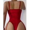 Femme Sexy en Cuir Mouillé Body Croisées Sans Manches Lingerie Latex Wetlook Bretelles Bodysuit avec Porte-jarretelles Réglables Vernie Brillant Nuisette Col V Bodycon Sous-Vêtements(Rouge)