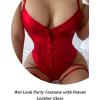 Femme Sexy en Cuir Mouillé Body Croisées Sans Manches Lingerie Latex Wetlook Bretelles Bodysuit avec Porte-jarretelles Réglables Vernie Brillant Nuisette Col V Bodycon Sous-Vêtements(Rouge)