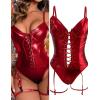 Femme Sexy en Cuir Mouillé Body Croisées Sans Manches Lingerie Latex Wetlook Bretelles Bodysuit avec Porte-jarretelles Réglables Vernie Brillant Nuisette Col V Bodycon Sous-Vêtements(Rouge)