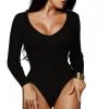 Body pour les femmes Cou À manches longues Body Suits Mesdames Hauts à côte tricotés qui sortent Slim fit Justaucorps de fortune occasionnel avec fermeture à bout clubs serrés noir/L