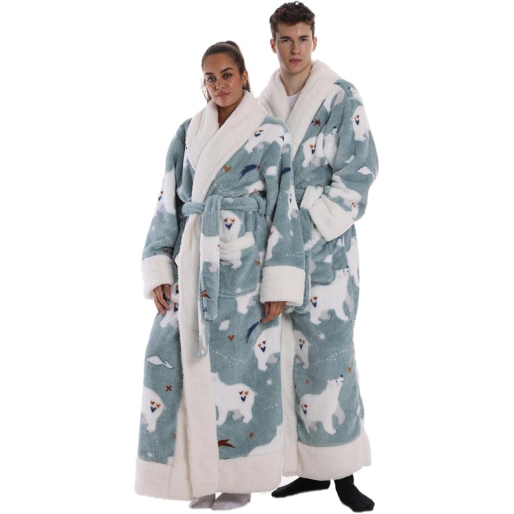 image:imagePeignoir de Bain Long en Flanelle paisse et Douce 140 cm sans Capuche Robe de Chambre Chaud avec Poche et Ceinture Taille Unique pour Femme Homme Cadeau Maison SpaOurs blanc