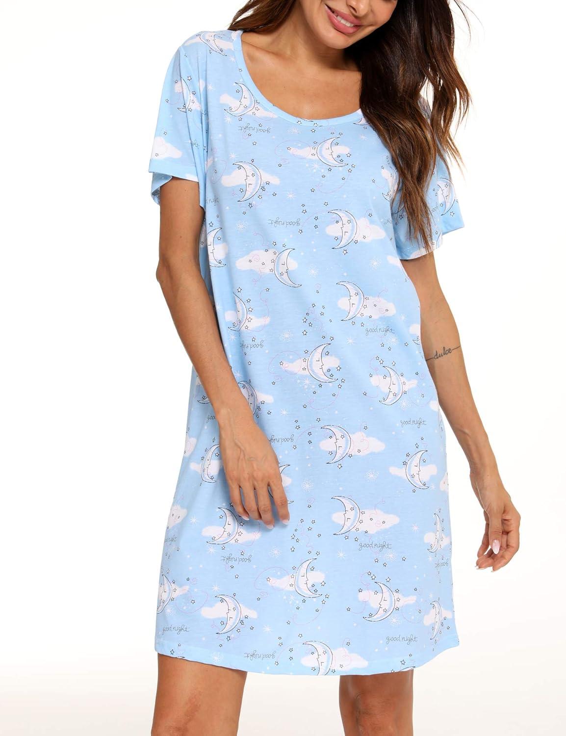 image:imageENJOYNIGHT Nuisette manches courtes en coton pour femme vtement de nuit doux imprimLune Bleu