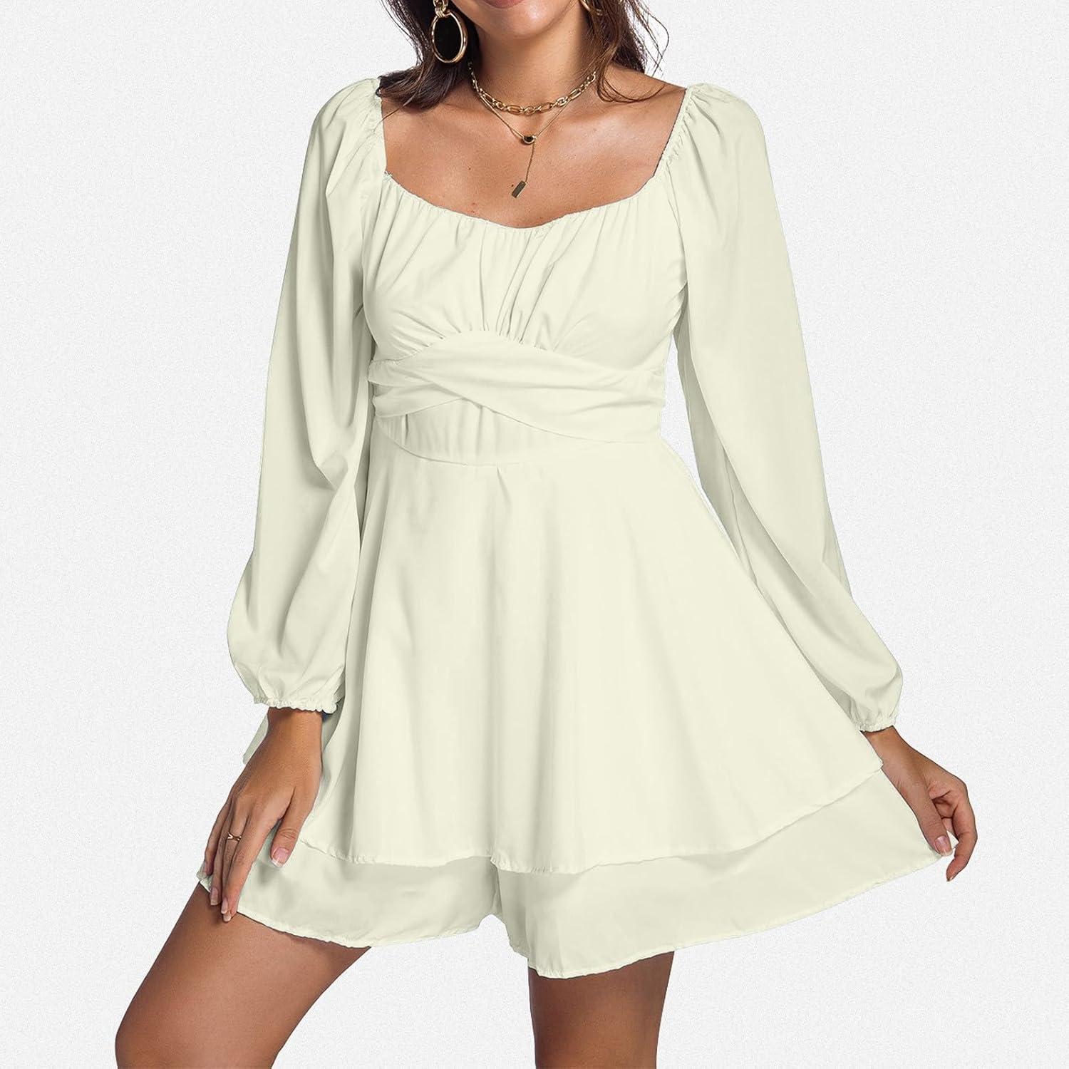image:imageGnrique Costume Pirate Femme Halloween Robe Blanche Pirate Manches Longues Col carr Dos Nu Mini Robe lgante et Sexy Rockabilly plisse Fte Plage pour Femme Deguisement CarnavalBeigea