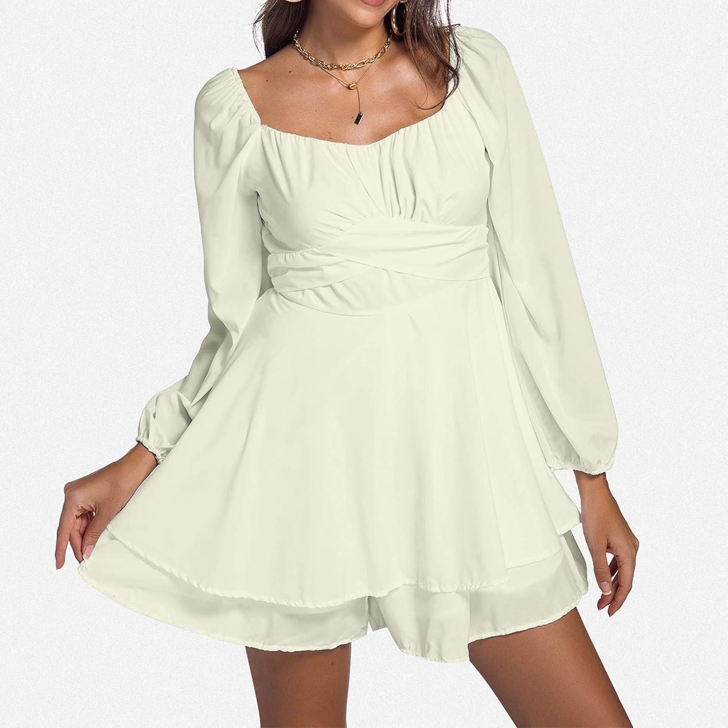 image:imageGnrique Costume Pirate Femme Halloween Robe Blanche Pirate Manches Longues Col carr Dos Nu Mini Robe lgante et Sexy Rockabilly plisse Fte Plage pour Femme Deguisement CarnavalBeigea