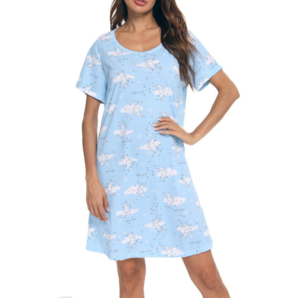 image:imageENJOYNIGHT Nuisette manches courtes en coton pour femme vtement de nuit doux imprimLune Bleu