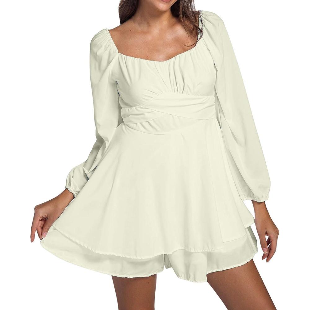 image:imageGnrique Costume Pirate Femme Halloween Robe Blanche Pirate Manches Longues Col carr Dos Nu Mini Robe lgante et Sexy Rockabilly plisse Fte Plage pour Femme Deguisement CarnavalBeigea
