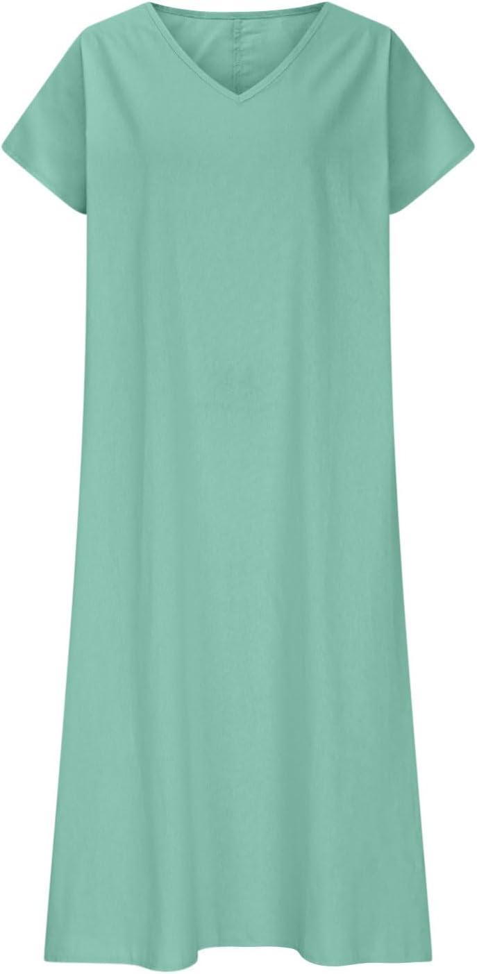image:image2025 Robe Dt pour Femme Robes en Coton Lin Manches Courtes Robe de Plage Dcontracte Col en V Chic et Elegant Jupe Lche et Respirant Couleur Unie Boho Ete MiLongue Dress Robes de Soleilb02arme verte