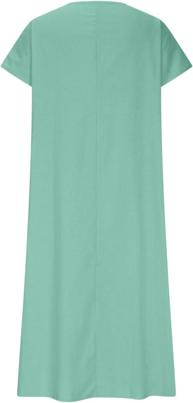 image:image2025 Robe Dt pour Femme Robes en Coton Lin Manches Courtes Robe de Plage Dcontracte Col en V Chic et Elegant Jupe Lche et Respirant Couleur Unie Boho Ete MiLongue Dress Robes de Soleilb02arme verte