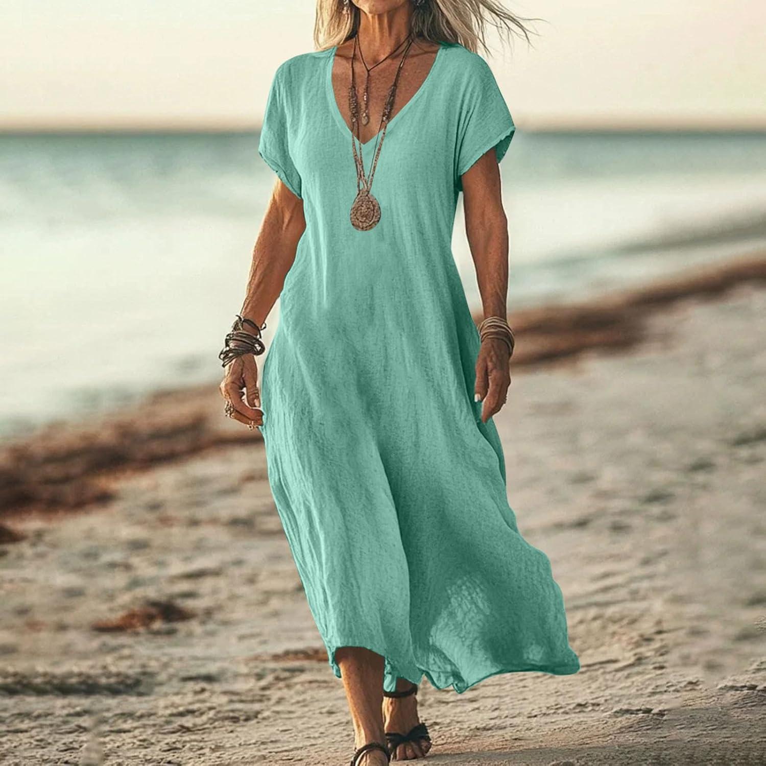 image:image2025 Robe Dt pour Femme Robes en Coton Lin Manches Courtes Robe de Plage Dcontracte Col en V Chic et Elegant Jupe Lche et Respirant Couleur Unie Boho Ete MiLongue Dress Robes de Soleilb02arme verte