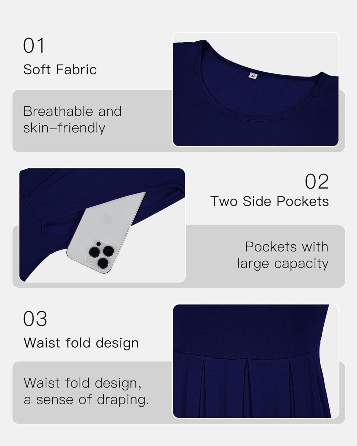 image:imageAUSELILY Robe dcontracte Manches Courtes plisse avec Poches Longueur GenouBlue Marine