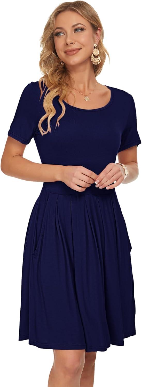 image:imageAUSELILY Robe dcontracte Manches Courtes plisse avec Poches Longueur GenouBlue Marine