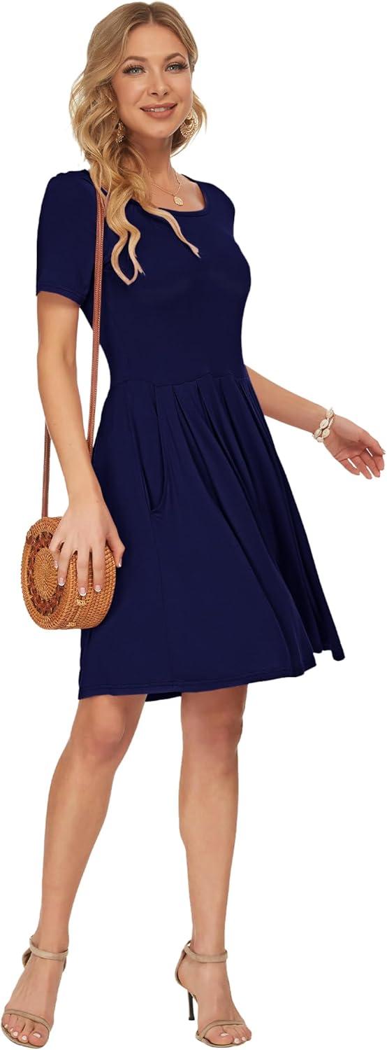 image:imageAUSELILY Robe dcontracte Manches Courtes plisse avec Poches Longueur GenouBlue Marine