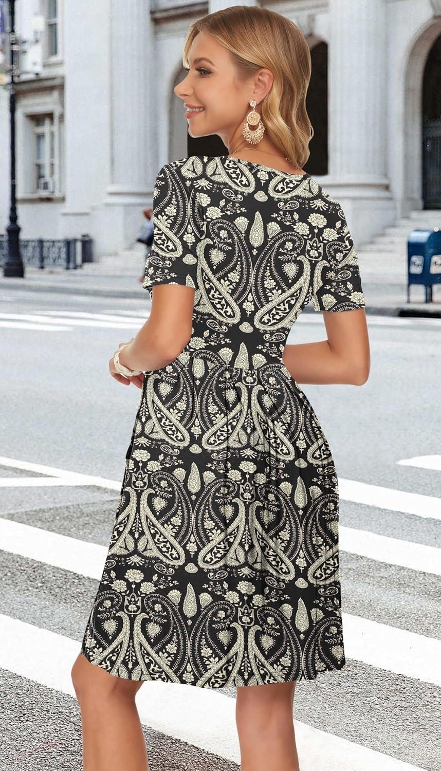 image:imageAUSELILY Robe dcontracte Manches Courtes plisse avec Poches Longueur GenouBoho Floral Noir